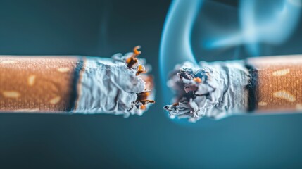 Close-up shot of two broken cigarettes against a blue background with smoke swirling around, highlighting the idea of quitting smoking or ending a bad habit.