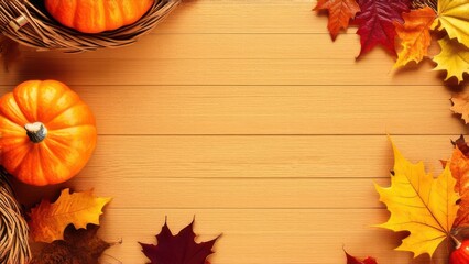 Thanksgiving Day background, pumpkins, autumn leaves. Banner, wallpaper, poster, copy space for text.
