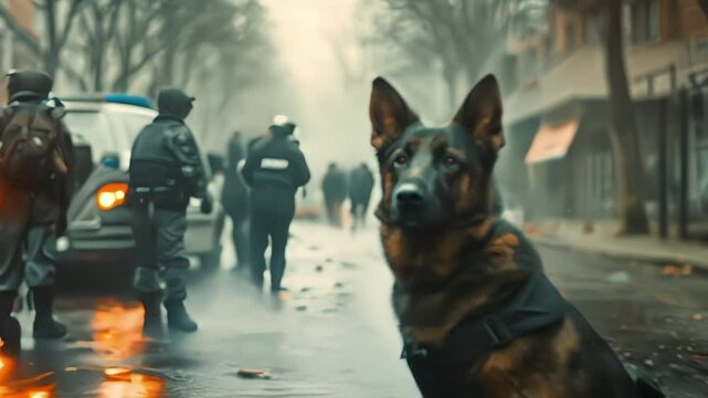 A group of policemen intimidate using horses and dogs in a demonstration