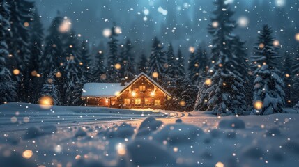A close-up shot of snow falling, with a cozy cabin in the background