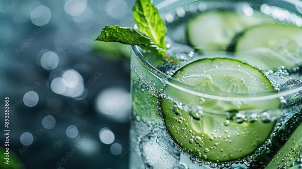 Poster a close-up image of cucumber slices floating in water, accented with mint leaves and bubbles, highli