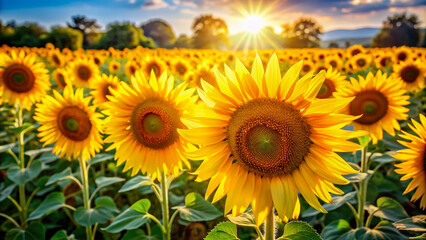 Fototapeta premium Vibrant yellow sunflowers stand tall in a endless field, their bright petals shining like miniature suns, basking in the warm rays of a serene summer day.