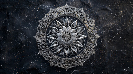 Silver cosmic mandala against the background of constellations. Design element