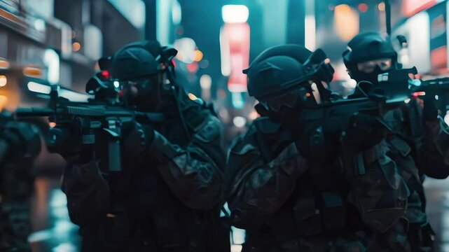 Spec cops police officers in action in the streets of the city. A military special force with futuristic tactical gear and weapons