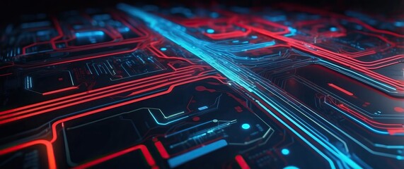 Fototapeta premium A futuristic abstract illustration featuring glowing circuit lines in blue and red, representing technology and digital innovation.