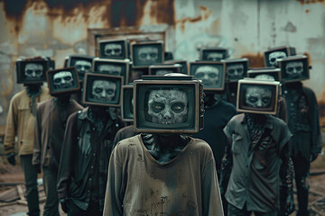 A group of zombies with televisions on their heads. The concept of propaganda through media and television. Generated by artificial intelligence