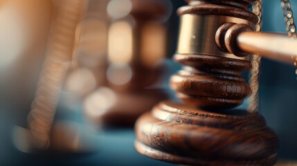 A detailed close-up photograph of a judge's gavel, symbolizing justice and authority, typically found in a courtroom environment, representing law enforcement and judicial processes.