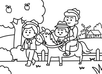 Family riding a horse.