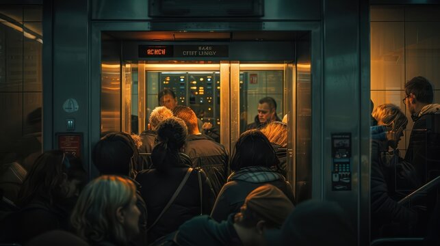 A photograph of office workers, crammed into a busy train, after work, close-up angle