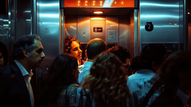 A photograph of office workers, crammed into a busy train, after work, close-up angle