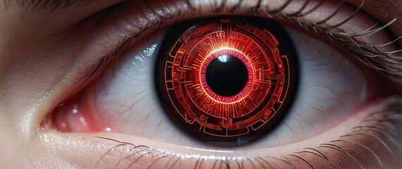 A close-up of a high-tech eye featuring a digital interface, symbolizing advanced technology and futuristic innovation.