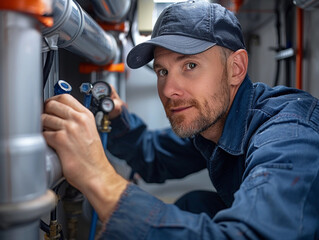 A Plumber Working On Pipes In An Industrial Setting