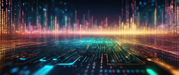 A vibrant, futuristic digital landscape with colorful light trails, representing data flow and technological innovation in a dynamic atmosphere.