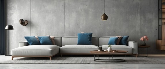 A stylish, modern living room featuring a gray sofa with blue cushions, perfect for cozy relaxation and contemporary home decor.