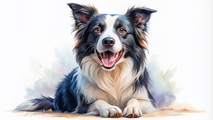 Fototapeta premium Vibrant watercolor portrait of a beautiful border collie dog sitting and panting, showcasing its furry coat, happy expression, and adorable features in isolation.