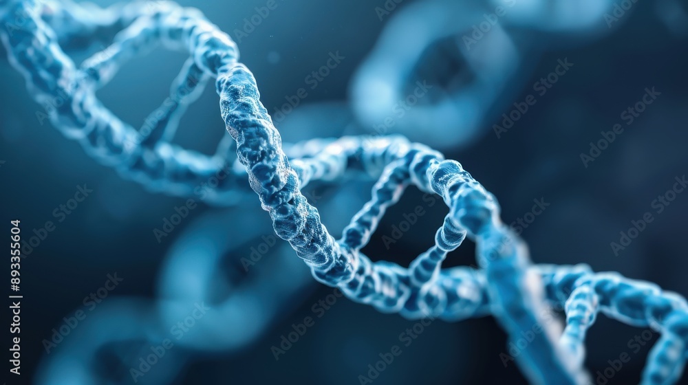 Poster illustrating a close-up of dna strands shown in a twisting pattern with shades of blue, this image c