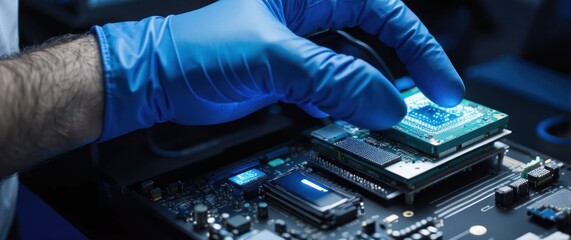 A focused hand assembling a microchip onto a circuit board in a high-tech workspace, symbolizing technology development and innovation.