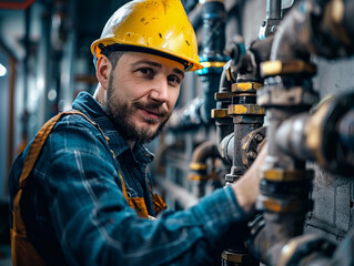 Industrial Worker Inspecting Pipes in a Factory