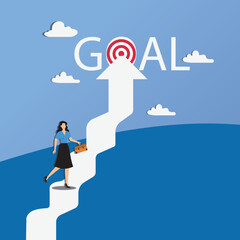 Businesswoman running on the upward arrow into the goal