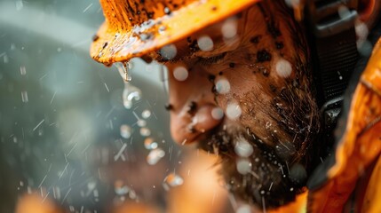 A detailed image shows a worker enduring heavy rain while wearing a bright safety helmet and protective jacket, emphasizing resilience and perseverance in challenging weather.