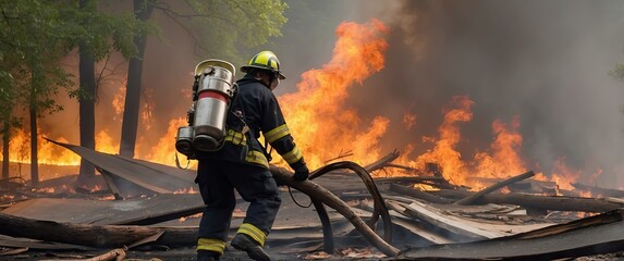 Obraz premium A courageous firefighter battling flames during a wildfire, showcasing bravery and commitment to safety amidst destruction.