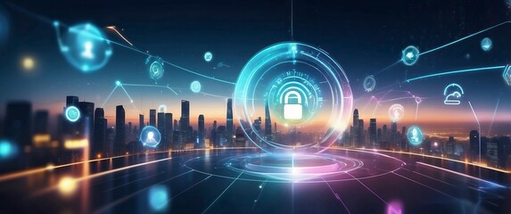 A futuristic city skyline showcasing digital security and technology concepts with a focus on data protection and connectivity.