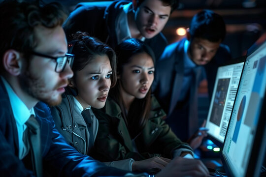 Intensity and urgency of a cyber attack response scenario, with a diverse team of professionals collaborating to neutralize the threat.