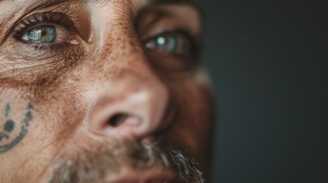 A detailed close-up photograph showcases the eye and surrounding skin texture of a man, highlighting the sharpness and depth achieved in the image.