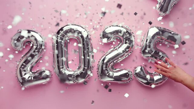 Female hand replacing balloon text "2024" with "2025".New beginnings.