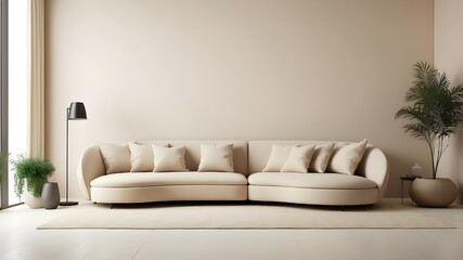Modern living room interior design with a minimalist theme. Near a beige wall with copy space is a curved sofa.