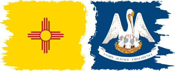 Louisiana and New Mexico states grunge brush flags connection, vector