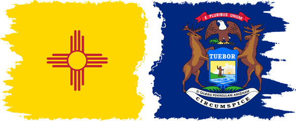 Michigan and New Mexico states grunge brush flags connection, vector