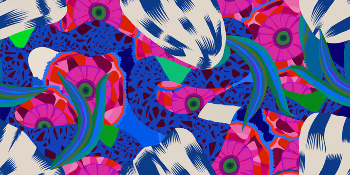 Exotic hand drawn flowers and snakes pattern. Dynamic tropical print. Fashionable template for design. 