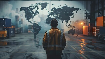 Back view of a warehouse worker standing before a world map highlighting global trade points. Realistic