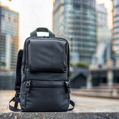 mockup of a sleek, modern backpack displayed in an outdoor urban environment. The backpack is made of high-quality, durable material and features multiple compartments and ergonomic straps.