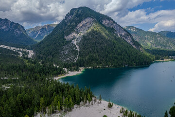 Naklejka premium Aerial summer view of Pragser Wildsee (Lago di Braies), Dolomites mountain range, Italy