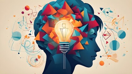 Brainstorm, creative mind. Geometric shapes encircle an abstract human head silhouette and hand clutching a light bulb.  Team solving the challenge represented an original concept on the blueprint.