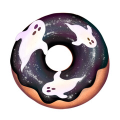 Halloween style donut, with black glaze with ghosts, illustration isolated on a white background, for design and decor, print, sticker