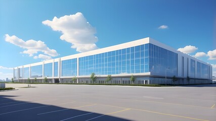 Obraz premium A blue sky with an AI-generated logistics complex, warehouse, or enormous retail store. Thus, AI-generated content is unrelated to any actual entity. Building in new condition, with a clear blue sky.