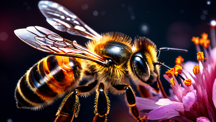 Close-up of a honeybee collecting nectar from a vibrant flower, showcasing the intricate details of its wings and pollen-covered body.