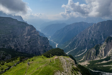 Aerial summer view of Tre Cime di Lavaredo, Dolomites mountain range, Italy