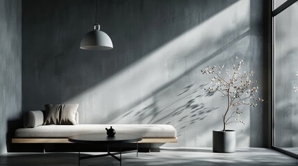 Minimalist Interior Design with Stylish Pendant Light and Modern Furniture in Soft Lighting