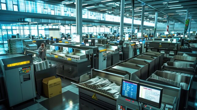 bustling corporate mailroom with automated sorting machines and digital tracking displays