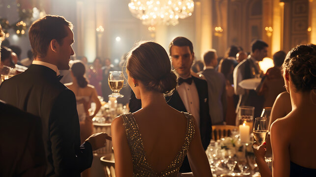Elegant evening gala with guests in formal attire, beautifully decorated venue, and sophisticated atmosphere, highlighting luxury and celebration.


