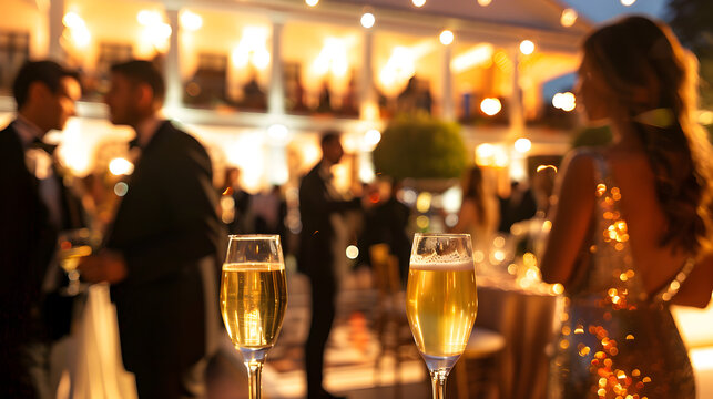 Elegant evening gala with guests in formal attire, beautifully decorated venue, and sophisticated atmosphere, highlighting luxury and celebration.


