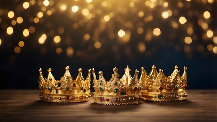Three gleaming gold crowns on a festive backdrop. the Epiphany Day holiday festivity at night