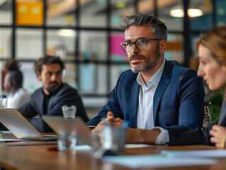 Fototapeta premium Businessman Listening Attentively During Meeting in Modern Office