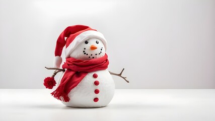 lone snowman on a lonely white background wearing a red scarf and a Santa hat