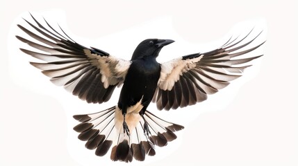 Fototapeta premium A Magpie with wings partially spread, captured in mid-flight, isolated on a white background.