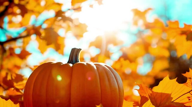 Pumpkin on autumn leaves in sunny sky. 4k, autumn with golden background, autumn leaves and sunlight,border, bright, celebrate fall landscape copy space